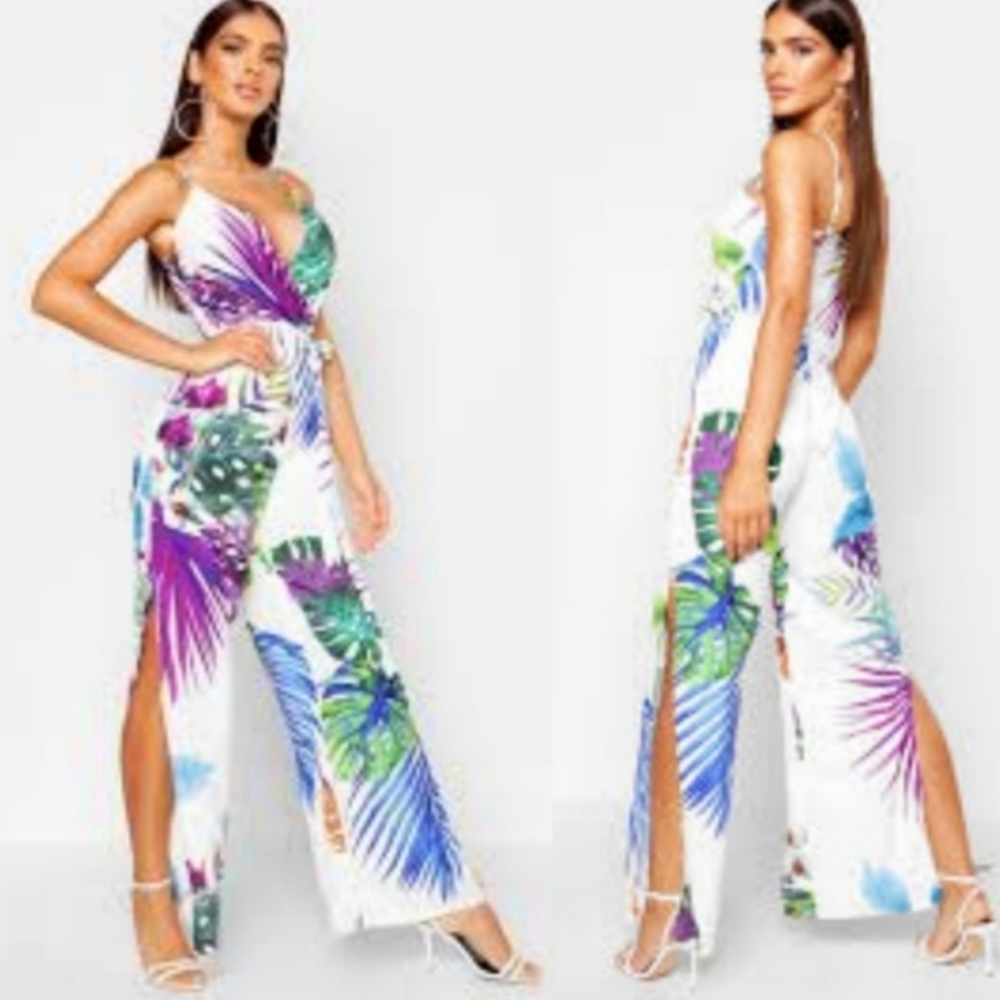Tropical Floral Print Wrap Front Thigh Split Jumpsuit Size 10